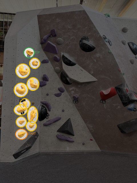 Gym photo with automatically detected boulder route: highlighted holds, start and top